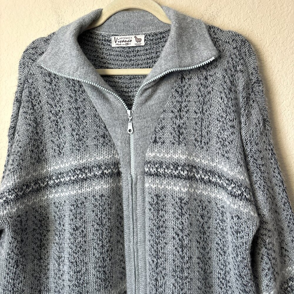 Baby Alpaca Men's XL Printed Gray Full Zip Front Cardigan Jacket Made in Peru - Picture 3 of 12